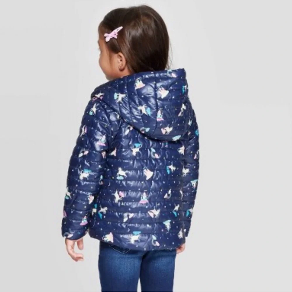 Cat & Jack Blue Unicorn Infant/Baby Girl's Midweight Puffer Hooded Jacket